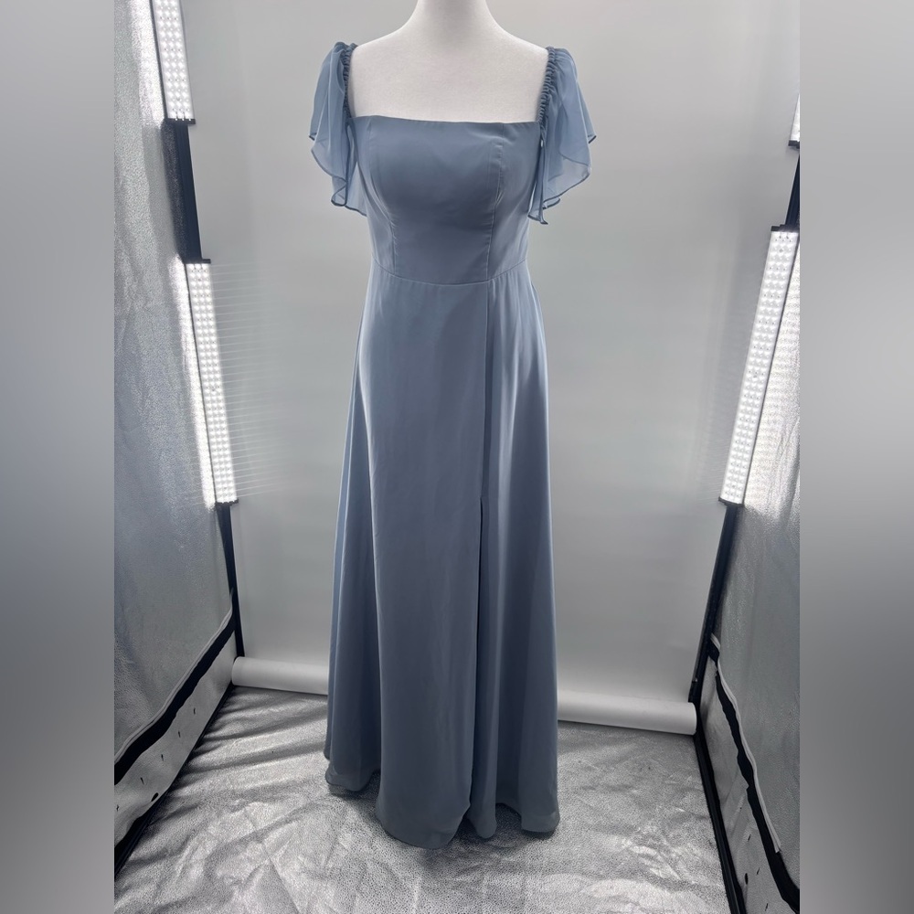 Azazie Bondi A-Line Ruffled Chiffon Formal Dress Gown in Dusty Blue Size 4